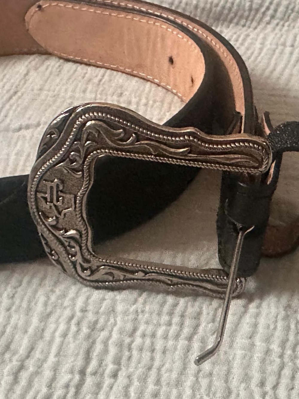 Men's Black Leather Belt with Ornate Silver Western Buckle